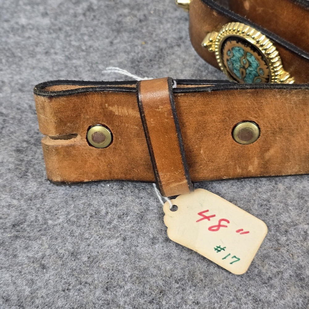 Western Concho Belt 48" Brown Leather Brass Tone Turquoise Inlay Studded Conchos - Picture 3 of 16